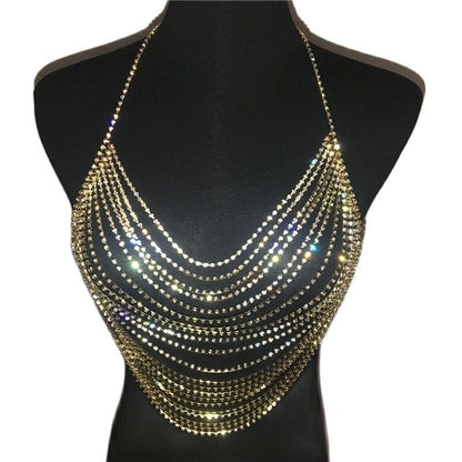 Gold Silver Glisten Crystal Rhinestone Tank Tops Multilayer Diamonds  Crop Tops Night Club