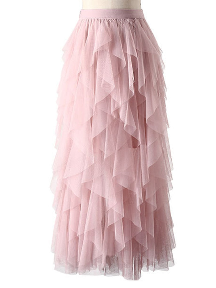 Tutu Tulle Long Maxi Skirt Women Fashion Cute Pink High Waist Pleated Skirt Mesh Female Lady Aesthetic