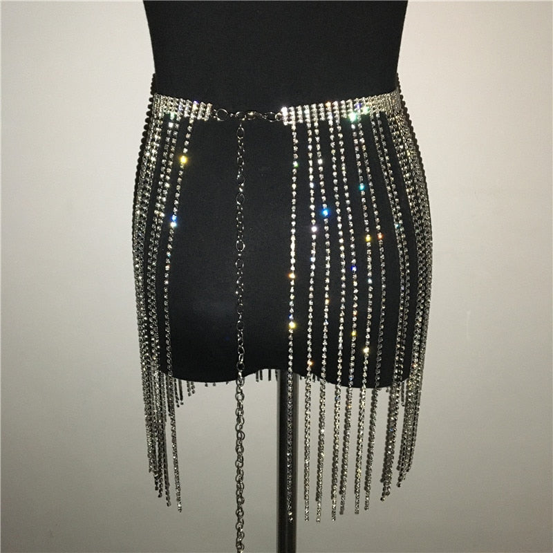 Glitter Rhinestone Long Tassel Jewel Skirts Crystal Diamonds Fringe Adjustable Sexy Mini Skirt