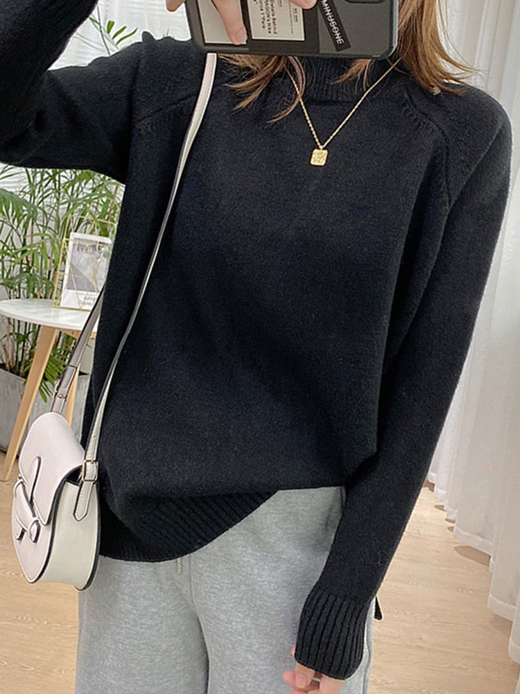 Women Mock Neck Pullovers Sweater Oversized Jumper Split Fall Winter Clothes