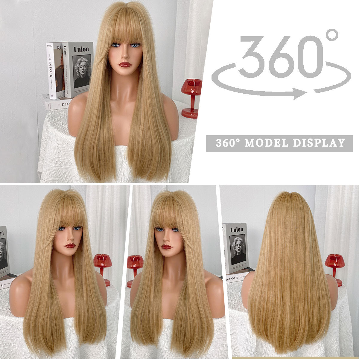 Blonde Wig with Bang Long Straight Blond Wig Synthetic Hair