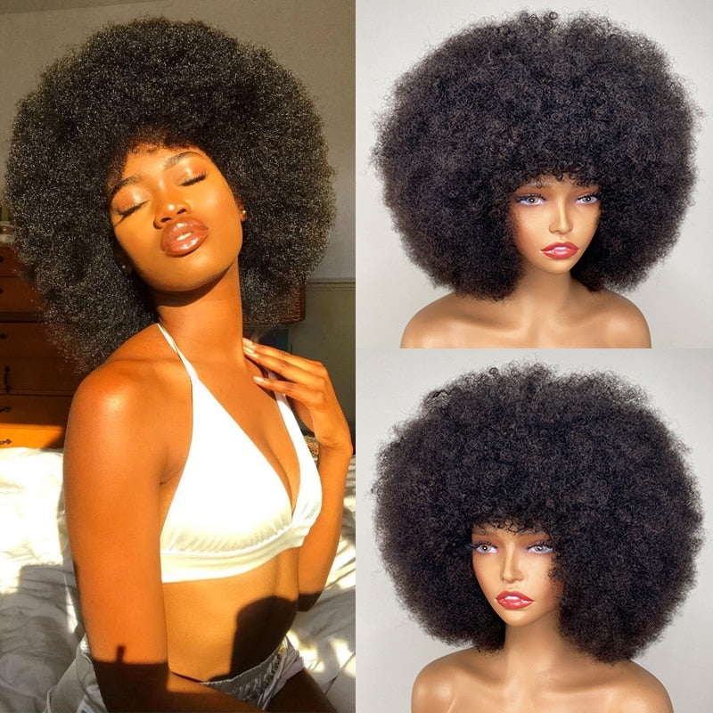 Fluffy Afro Kinky Curly Human Hair Wig With Thick Bangs For Black Women 180% Density Full Machine Hair