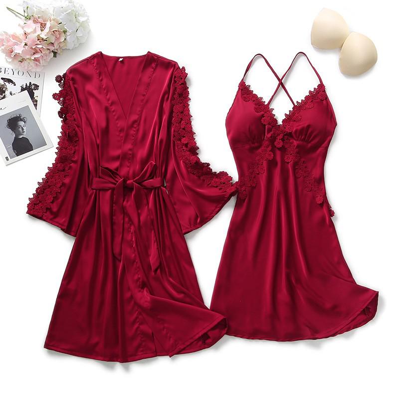 Lace Trim Sexy Robe Suit Loose Satin Kimono Bathrobe Gown Mini Sleepwear Rayon Intimate Lingerie