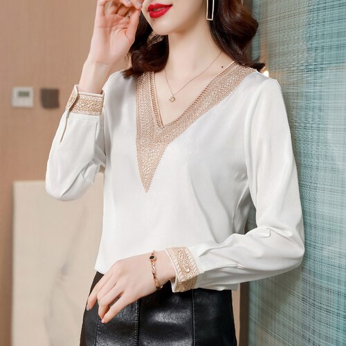 Long Sleeve Blouse Women Blusas Mujer De Moda V-Neck Solid Chiffon Blouse Shirt