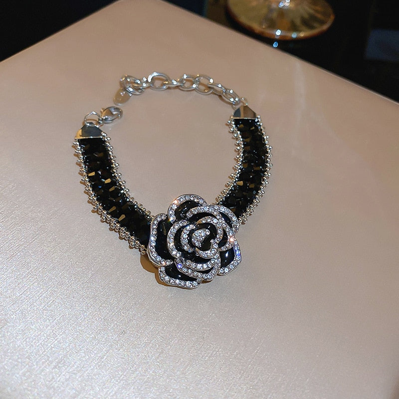 Black Crystal Rhinestone Camellia Flower  Bangle Luxury OL Bracelets necklace earring Jewelry