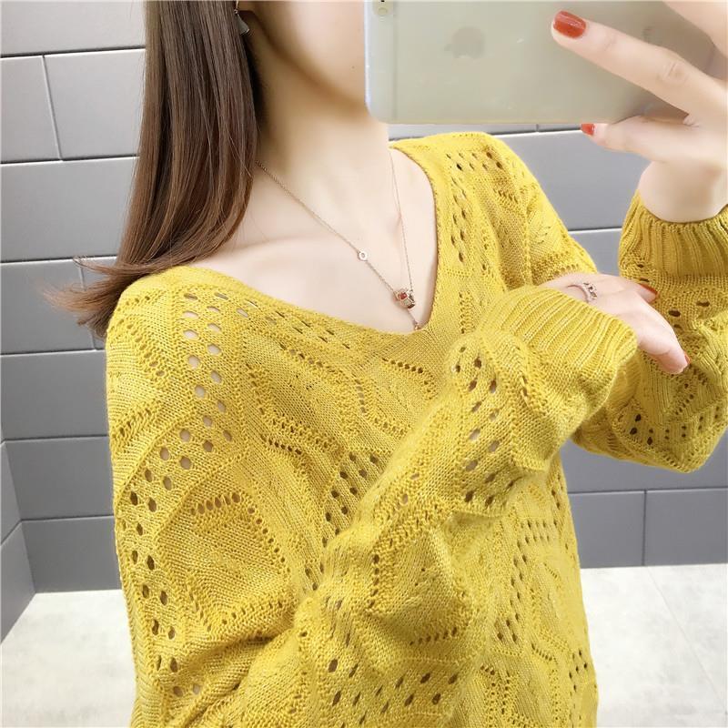 Korean Style Sweet Solid V-neck Hollow Out Jumper Sweater