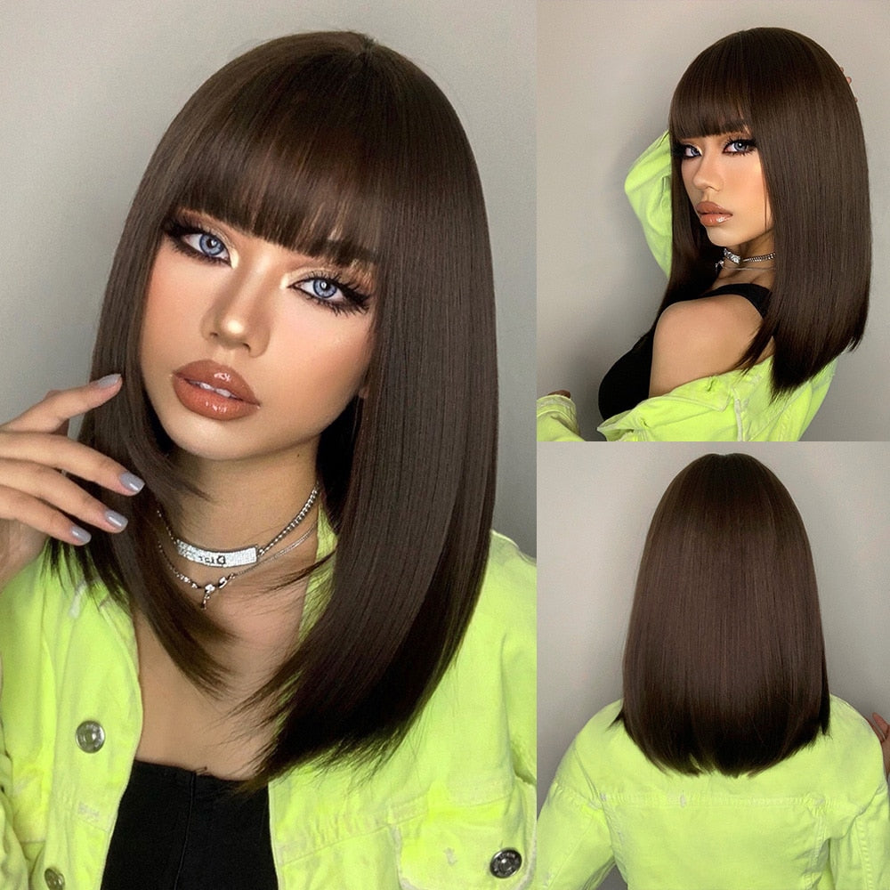 Dark Brown Synthetic Wigs Short Wavy Bob Wig  with Bangs Body Lolita Natural Hair Heat Resistant