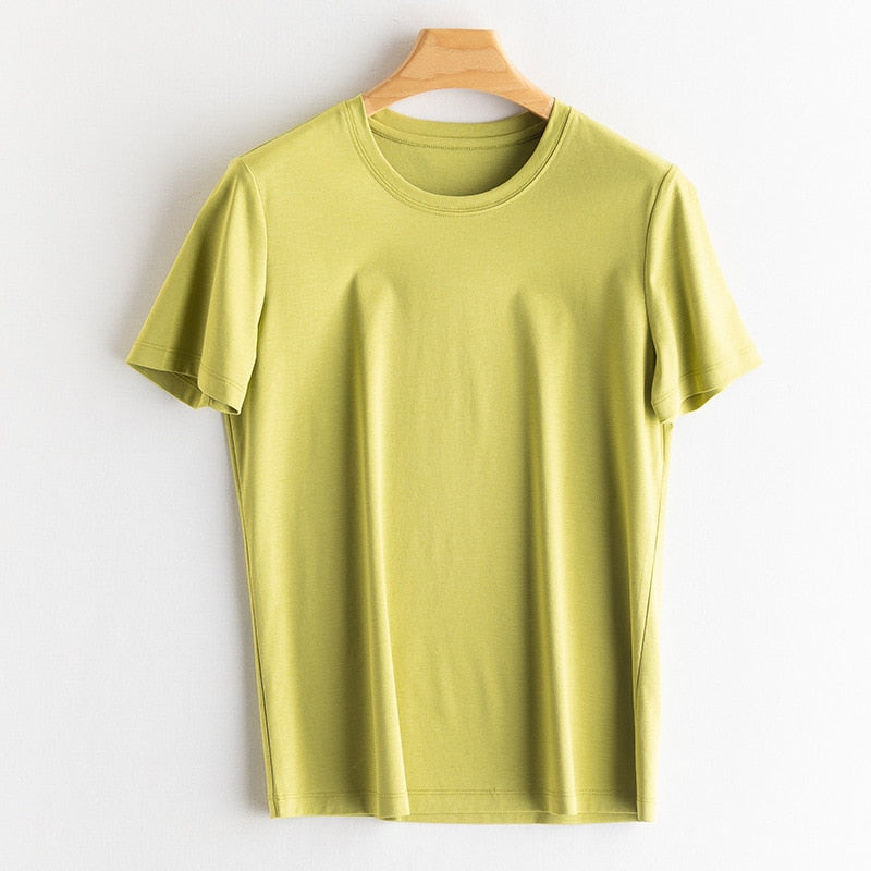 Solid T shirts Silk Cotton Blend Plain O neck Short Sleeved Tee