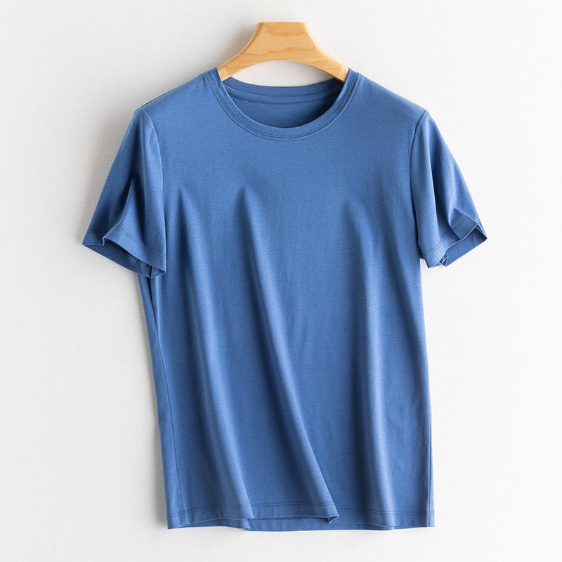 Solid T shirts Silk Cotton Blend Plain O neck Short Sleeved Tee