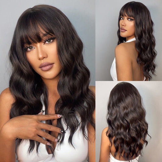 Long Wavy Dark Brown Synthetic Wigs With Long Bangs Natural Hair Wig Heat Resistant Fiber Wig