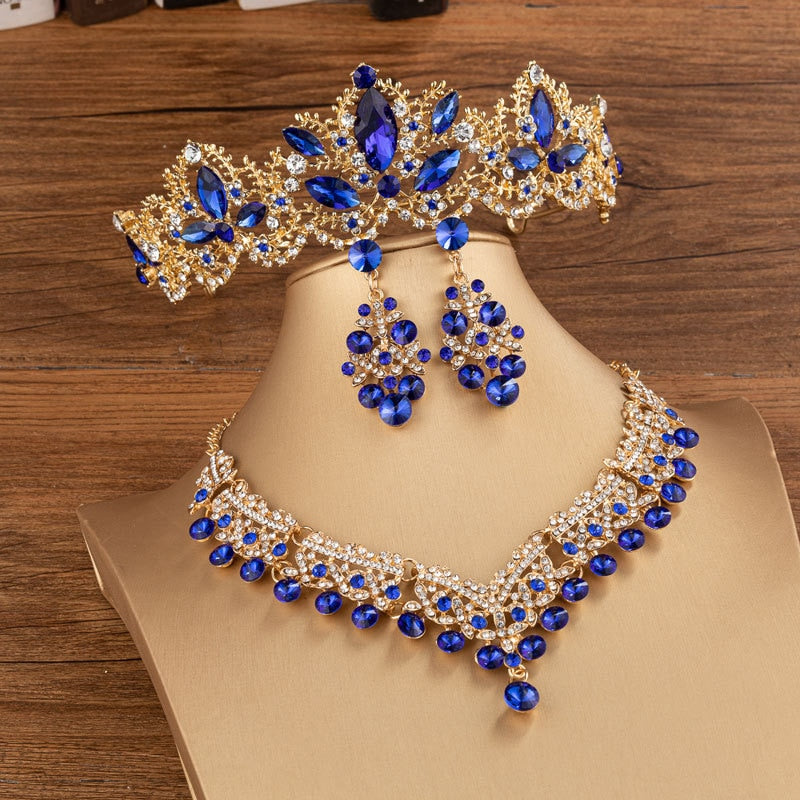 Baroque Gold Blue Color Crystal Bridal Jewelry Sets Rhinestone Tiaras Crown Jewelry