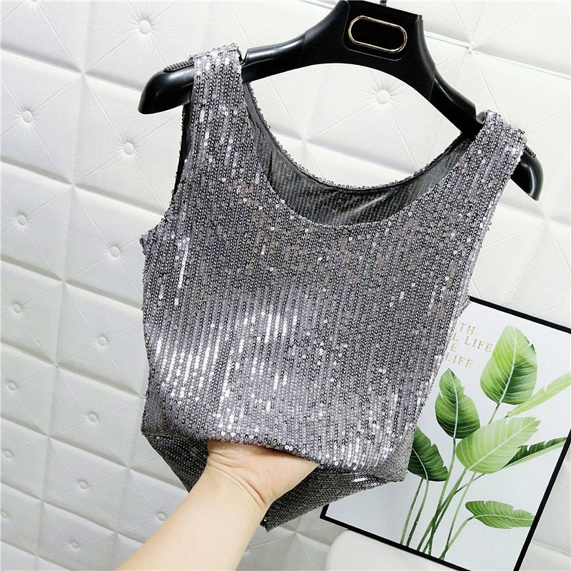 Sparkling Sequins Round Neck Vest  Bright Silk Fashion Glitter Bottoming Shirt Suspender Top