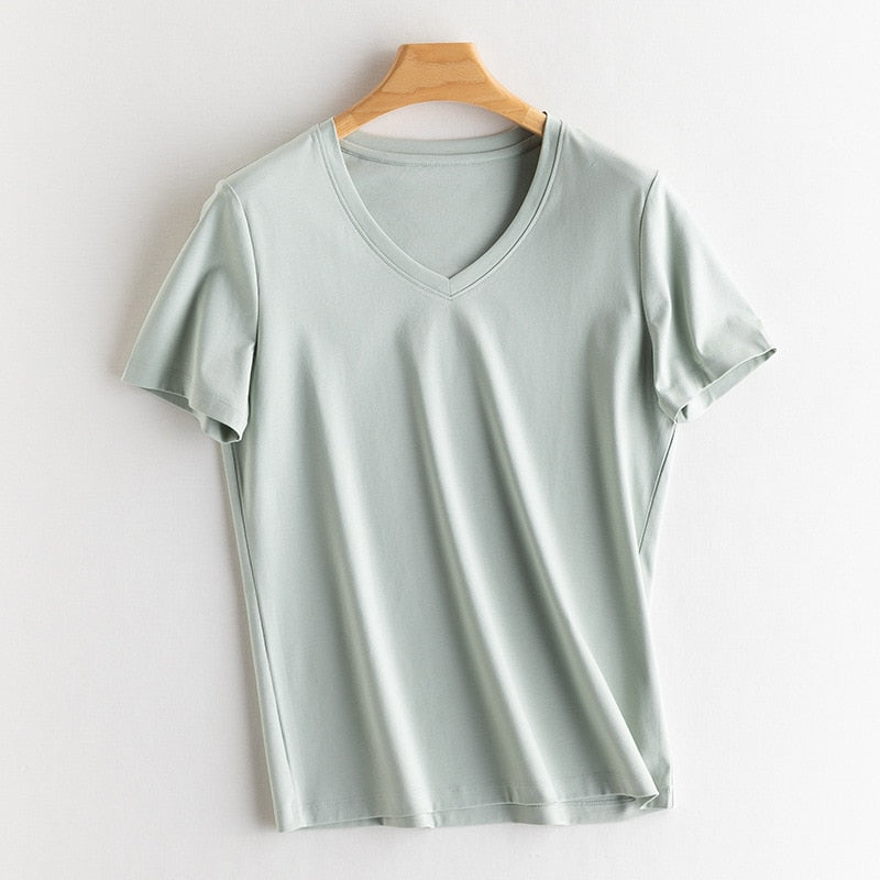 Solid T shirts Silk Cotton Blend Plain O neck Short Sleeved Tee