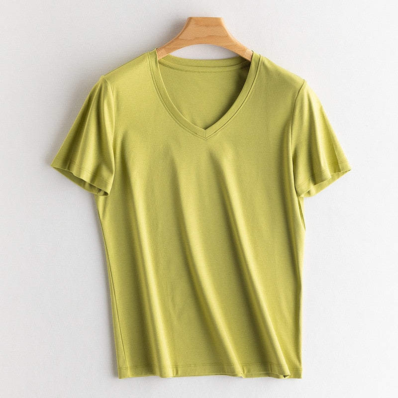 Solid T shirts Silk Cotton Blend Plain O neck Short Sleeved Tee