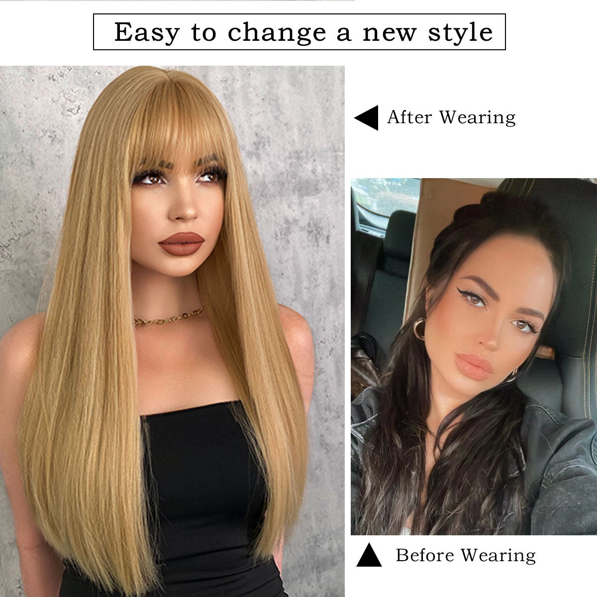 Blonde Wig with Bang Long Straight Blond Wig Synthetic Hair