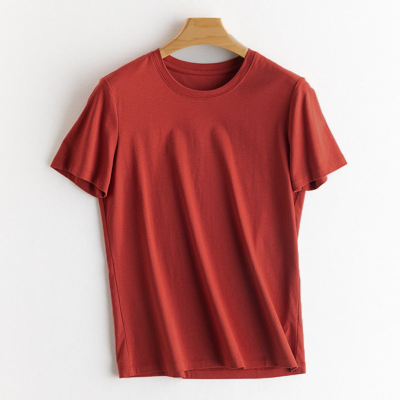 Solid T shirts Silk Cotton Blend Plain O neck Short Sleeved Tee