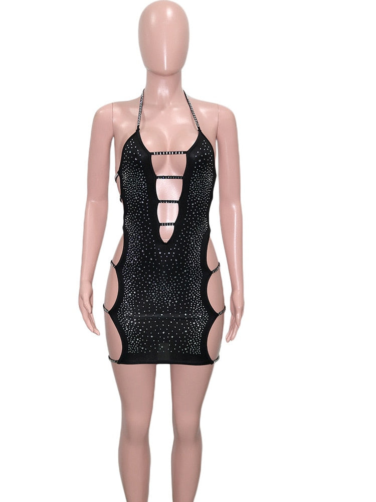 Chic Black Ladder Cut Out Crystal Spagetti Straps Sequin Night Mini Dresses