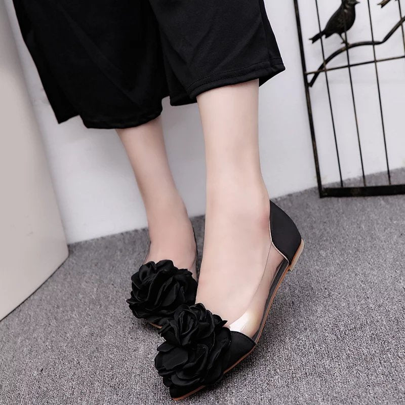 Flat Women Shoes Loafers Transparent Flower Leisure Ballerina Pointed Toe Slip on Shallow Casual Footwear