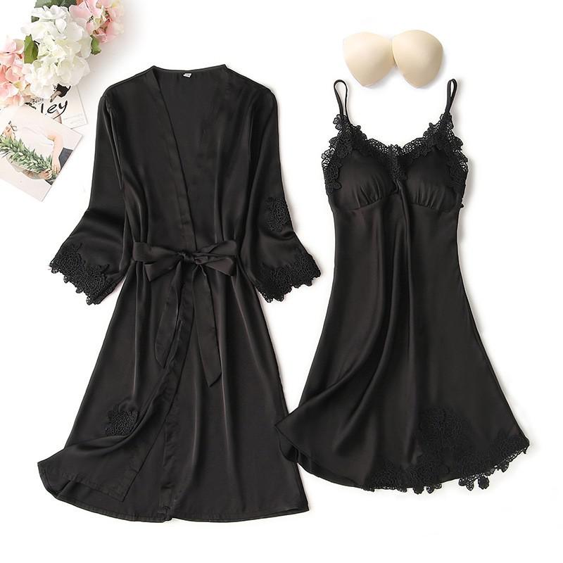 Lace Trim Sexy Robe Suit Loose Satin Kimono Bathrobe Gown Mini Sleepwear Rayon Intimate Lingerie