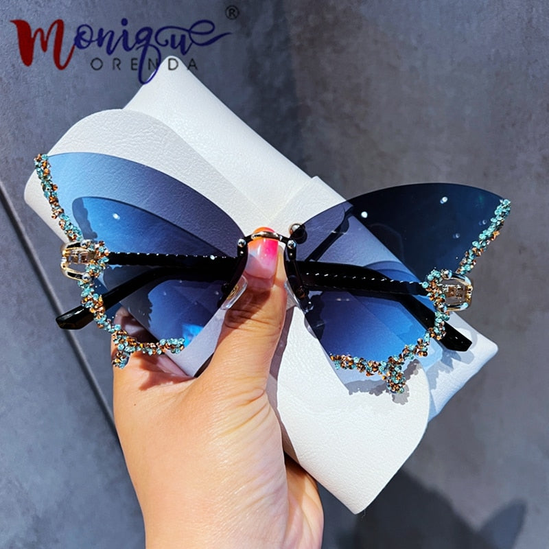 Luxury Diamond Butterfly Sunglasses Women Vintage Rimless Oversized Sun Glasses Ladies Eyewear