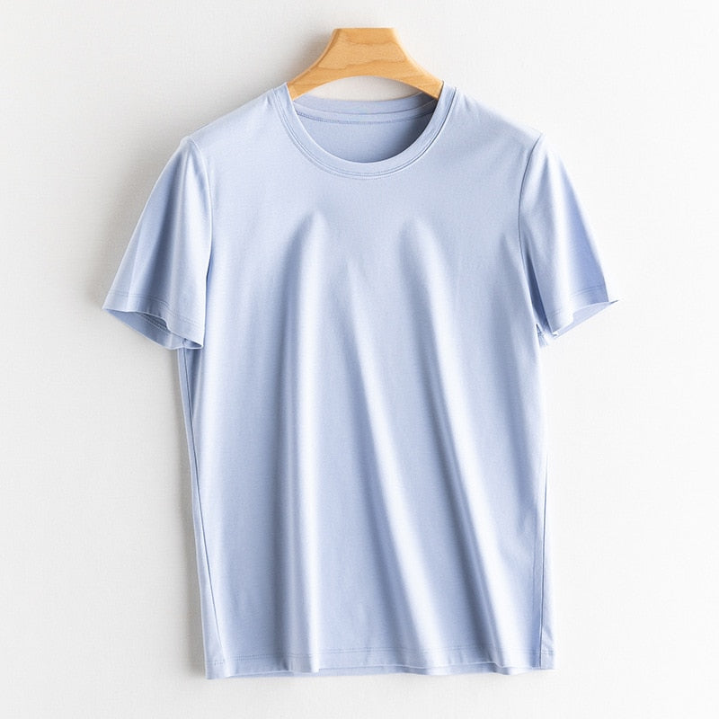 Solid T shirts Silk Cotton Blend Plain O neck Short Sleeved Tee