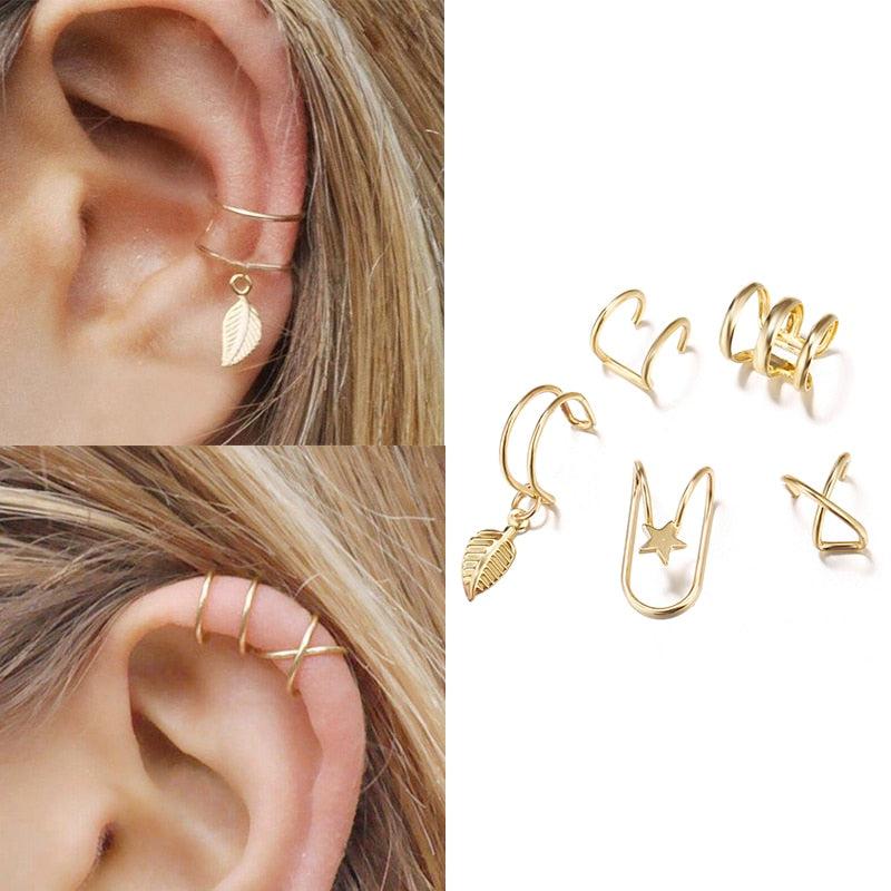 Gold Leaves Ear Cuff Black Non-Piercing Ear Clip Earrings Fake Cartilage Earring