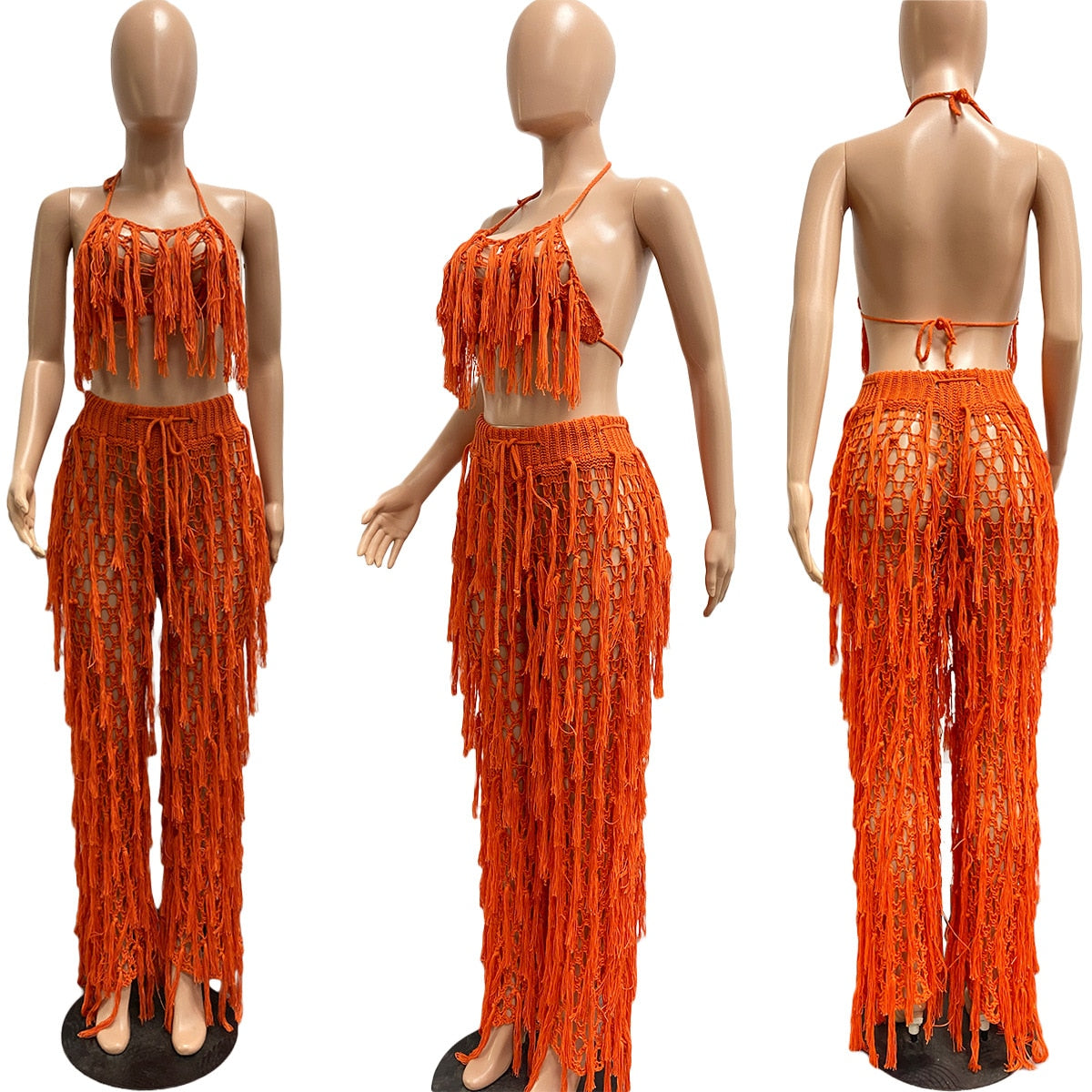 Knit Rib Tassel 2 Piece Set Sexy Fishnet Halter Lace Up Crop Top + Pants See Through