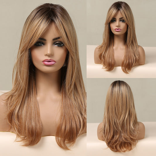 Long Wavy Synthetic Wigs With Long Bangs Blonde Natural Hair Wig Heat Resistant Fiber Wig