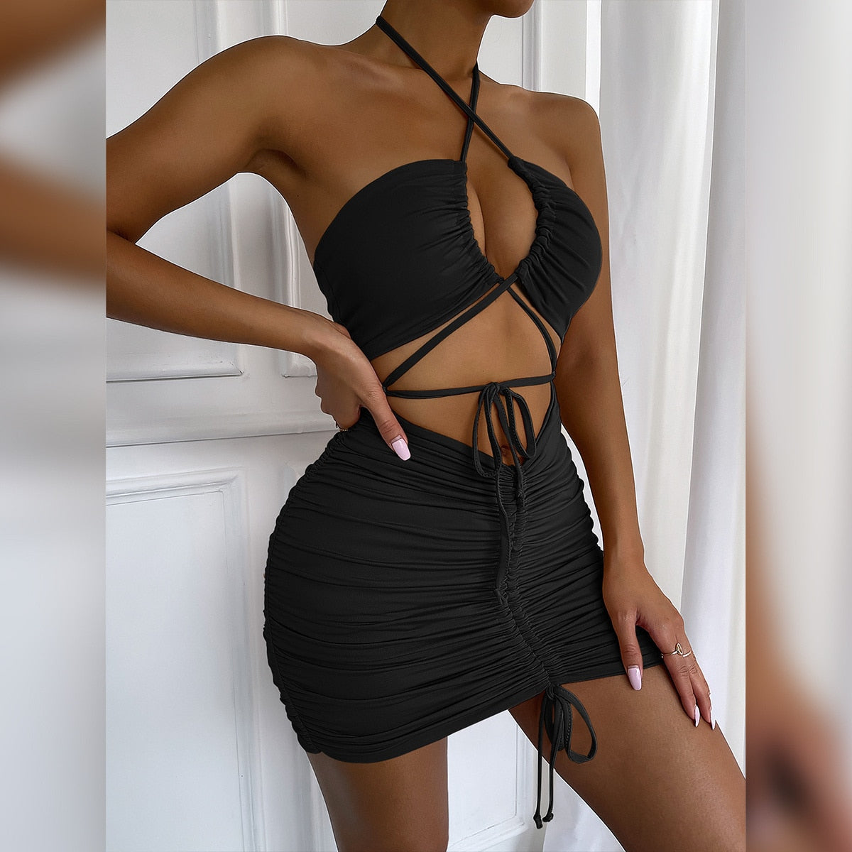 Sexy Bodycon Dresses Hollow Out Vestidos Elegant Halter Backless Drawstring Ruched Mini Dress