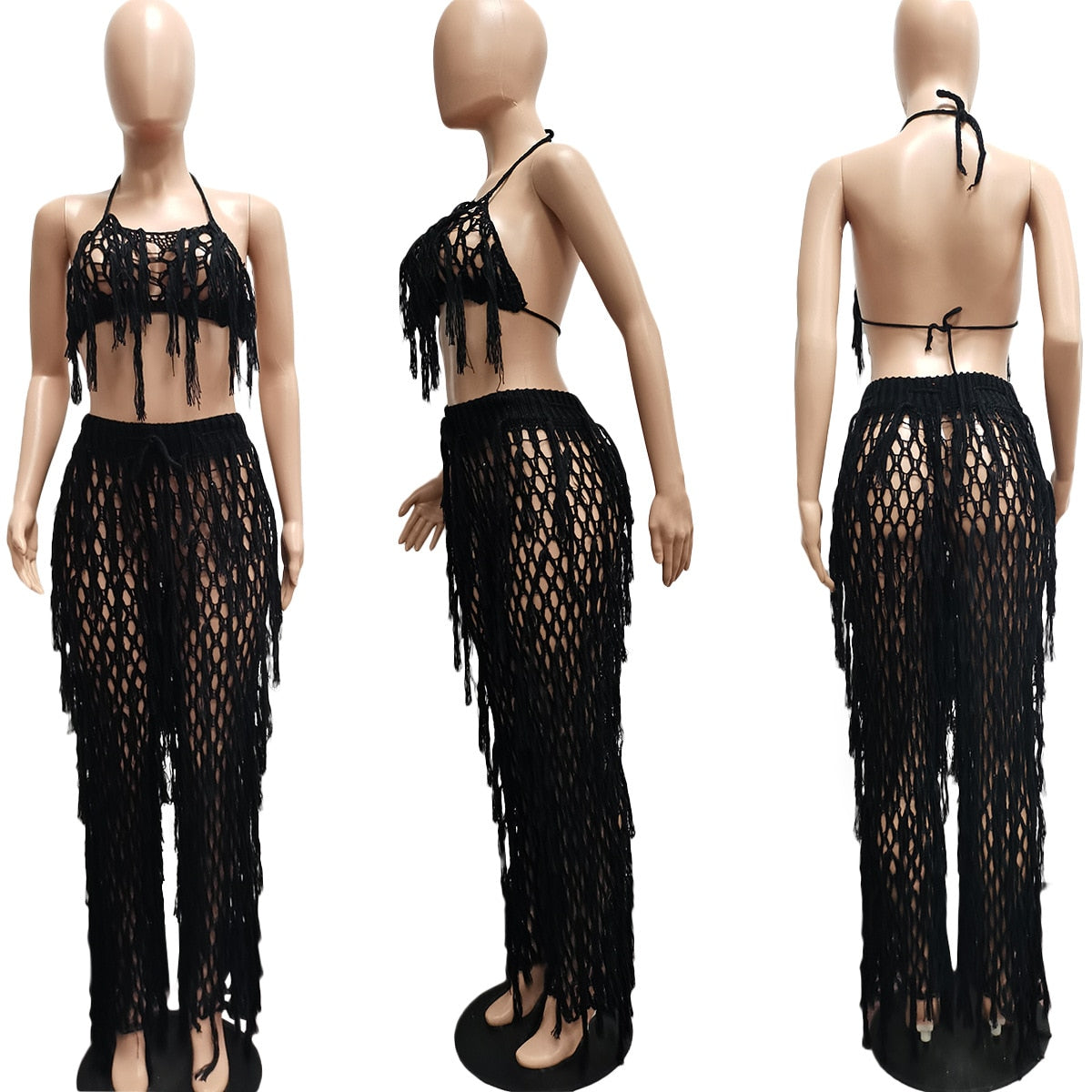 Knit Rib Tassel 2 Piece Set Sexy Fishnet Halter Lace Up Crop Top + Pants See Through