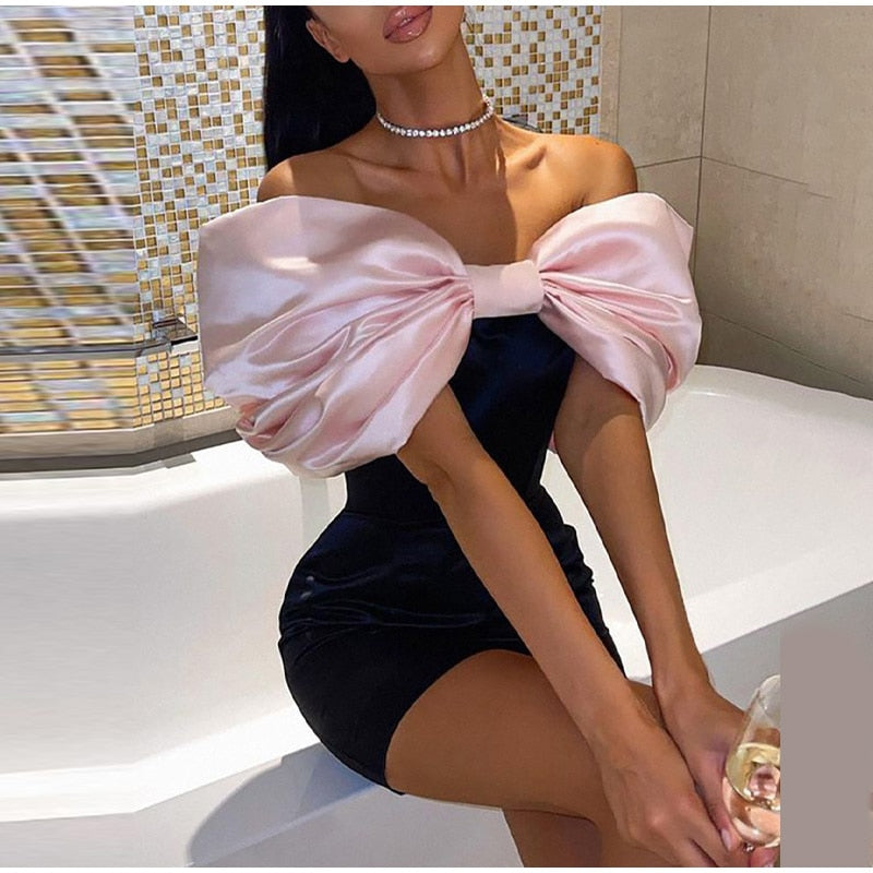 Off Shoulder Big Bowknot Skinny Dresses Cocktail Party Bodycon Dress