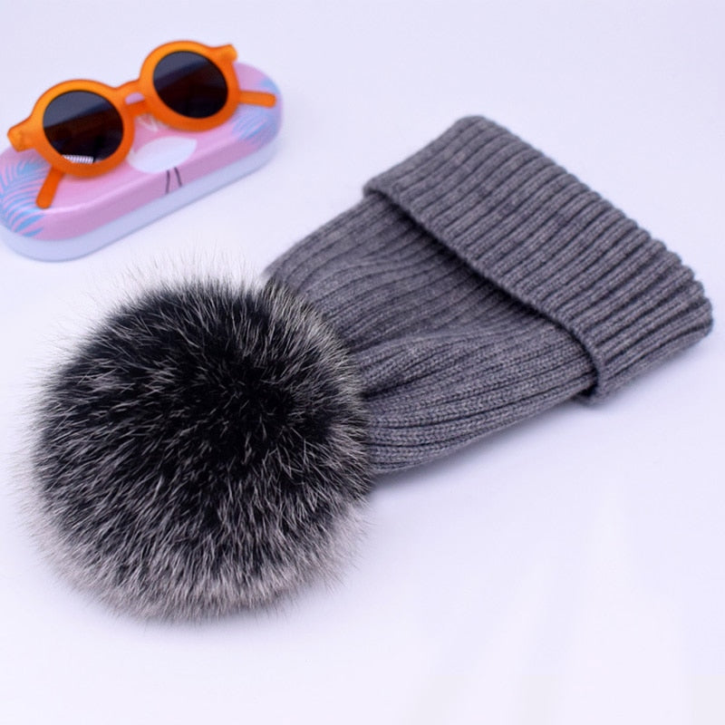 winter hat luxury quality Fox fur pompom hats beanie bonnet winter hats