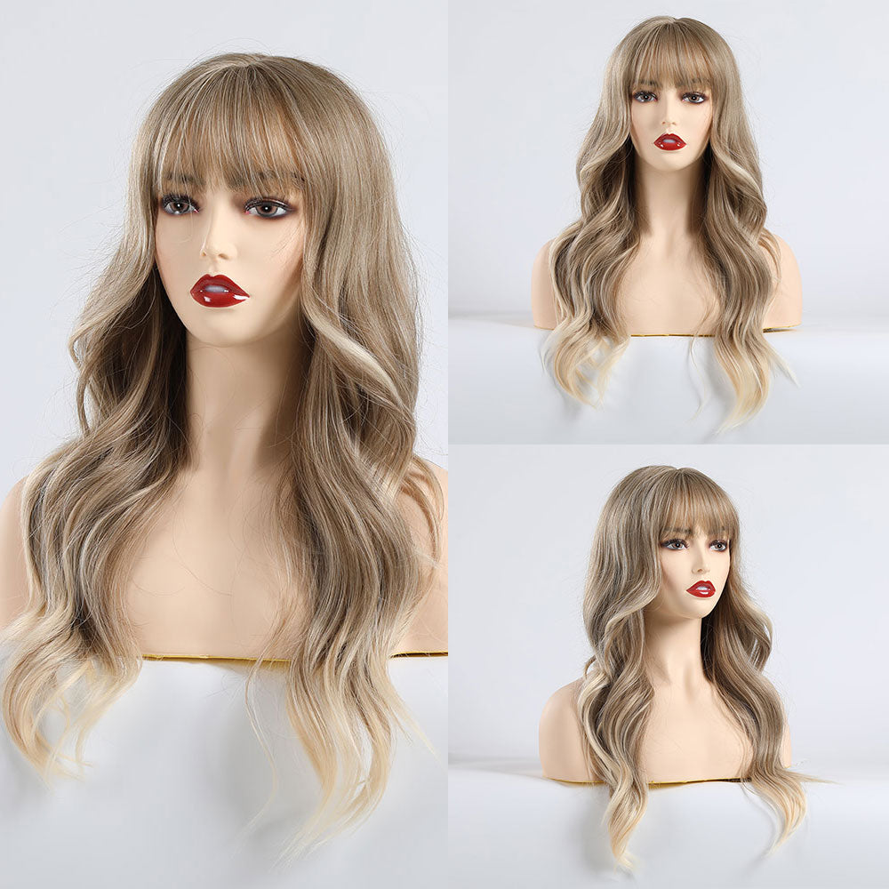 Long Wavy Synthetic Wigs With Long Bangs Blonde Ombre Natural Hair Wig Heat Resistant Fiber Wig