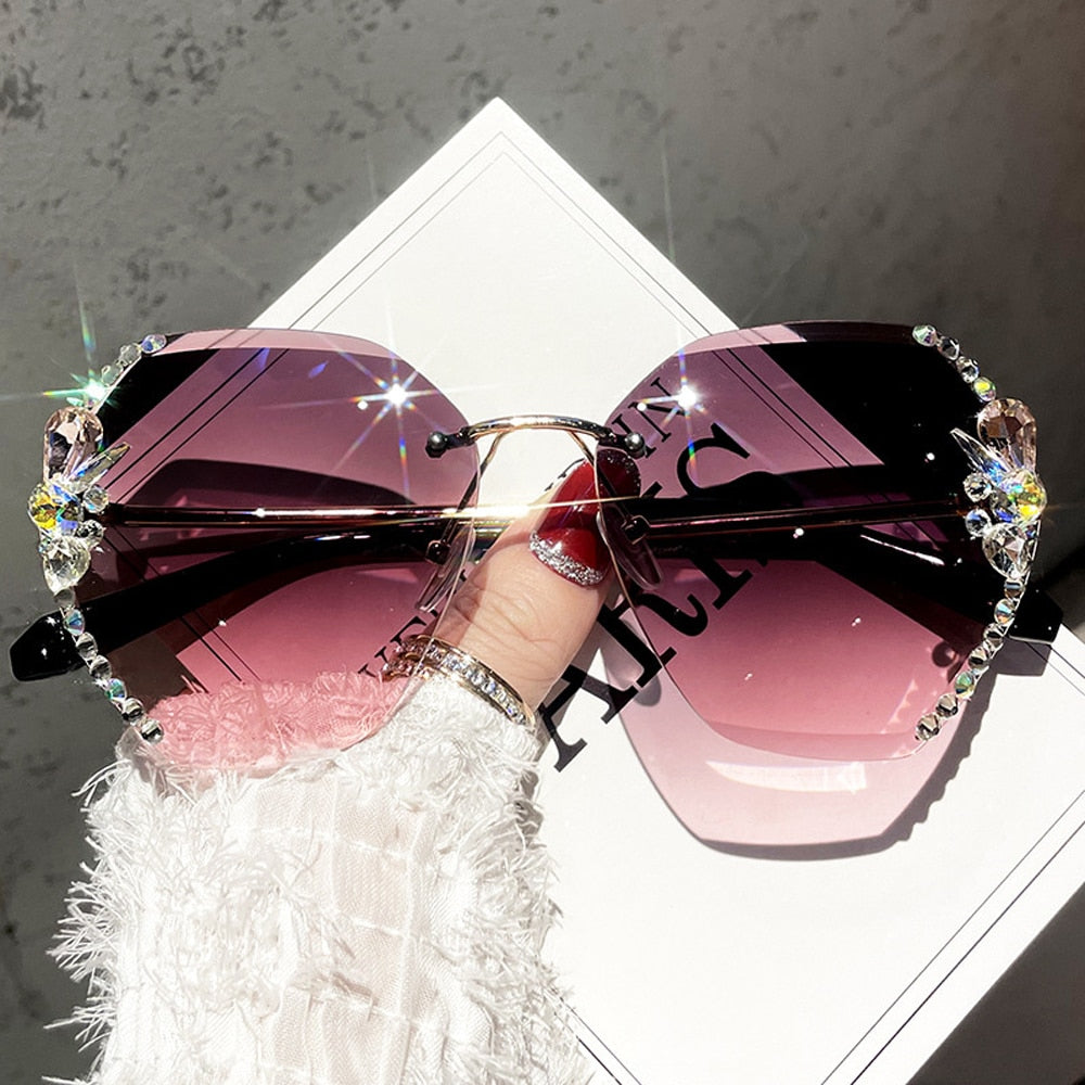 Luxury Vintage Rimless Rhinestone Sunglasses Fashion Gradient Lens Sun Glasses Shades for Female