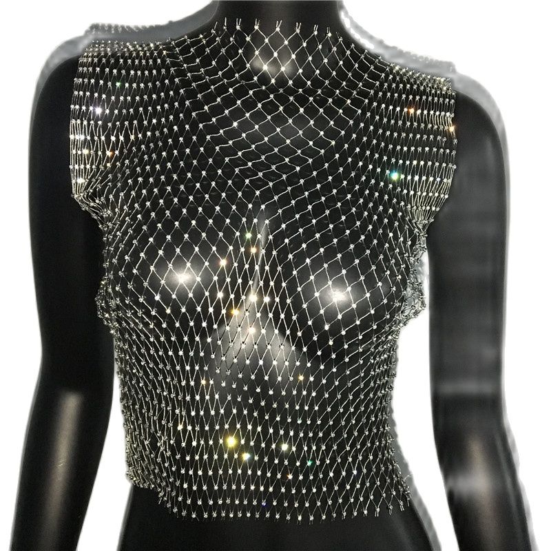 Sexy Diamonds Mesh Cropped Tank Top Cover Up Bikini See Through