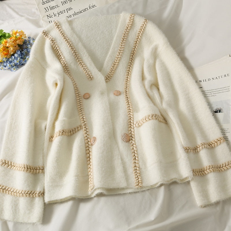 Mink Cashmere Loose Sweater Cardigan Jacket Women Autumn and Winter Bright Silk Stripe Thicken Short Knitted Coat Top