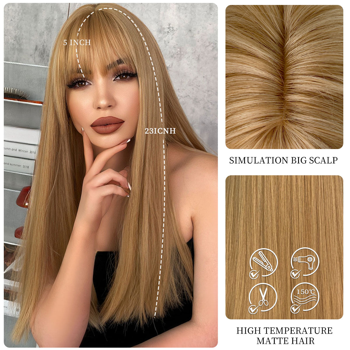 Blonde Wig with Bang Long Straight Blond Wig Synthetic Hair