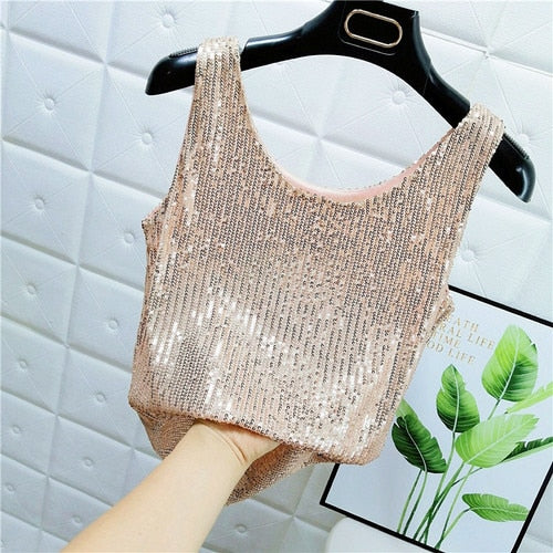 Sparkling Sequins Round Neck Vest  Bright Silk Fashion Glitter Bottoming Shirt Suspender Top