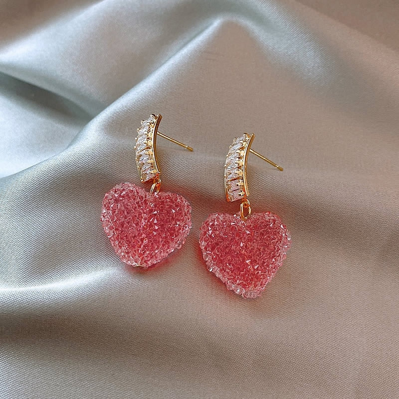 Trendy Lovely Pink Heart Dangle Earrings Fashion Cute Sweet Crystal Jewelry