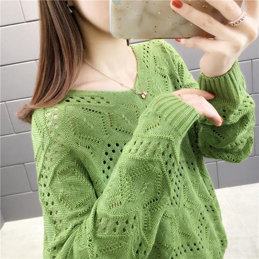 Korean Style Sweet Solid V-neck Hollow Out Jumper Sweater