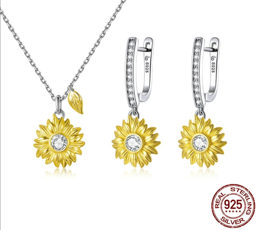 Silver Sunflower Jewelry Set 925 Sterling Silver Gold Color Lucky Necklace Earring