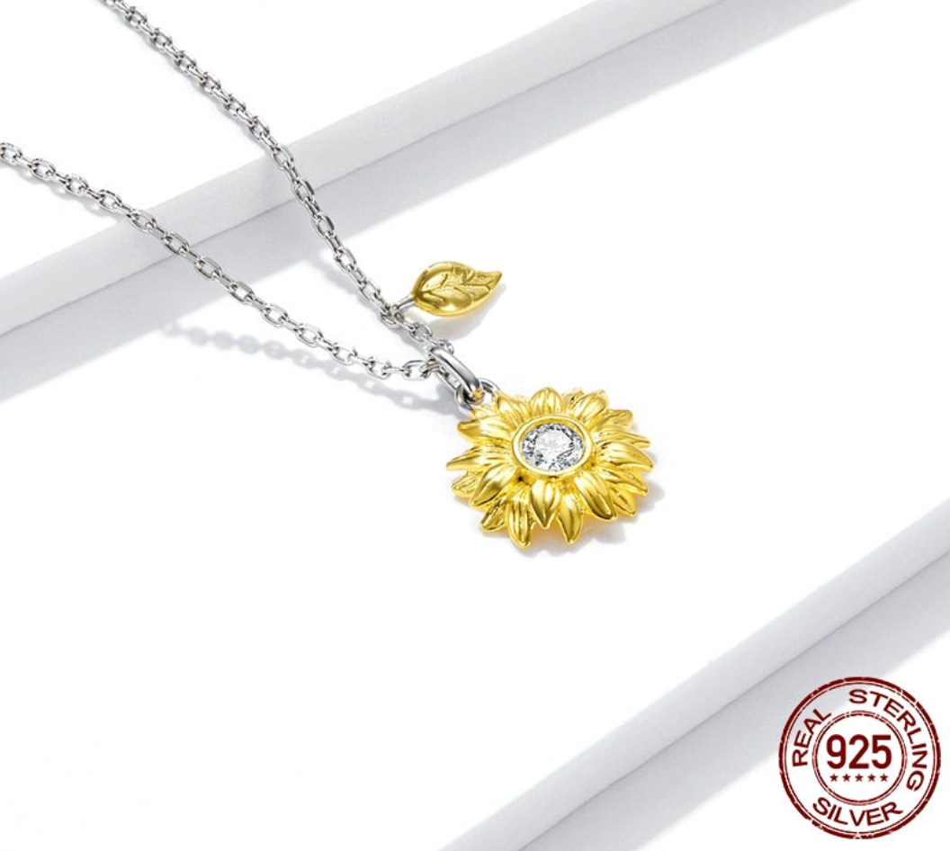 Silver Sunflower Jewelry Set 925 Sterling Silver Gold Color Lucky Necklace Earring