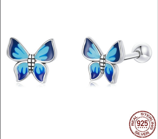 925 Sterling Silver Blue Enamel Piercing Elegant Hypoallergenic Butterfly Earrings