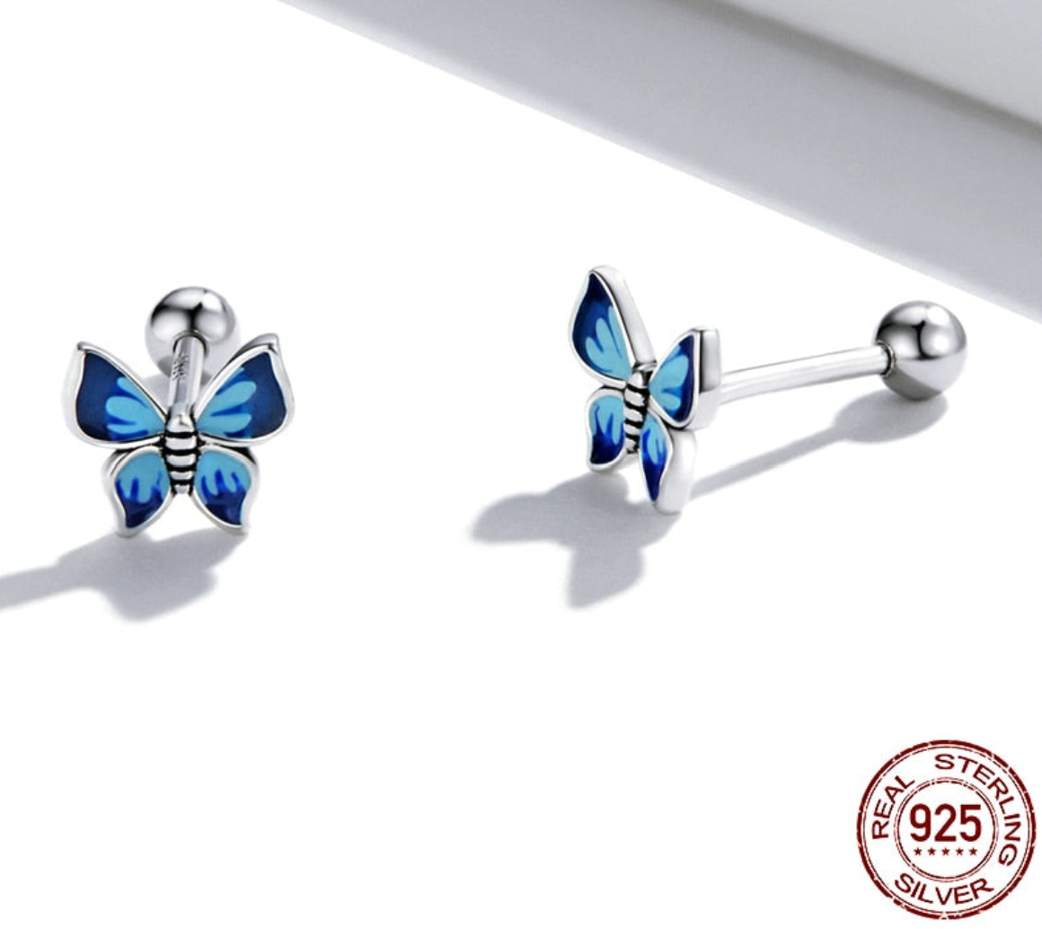 925 Sterling Silver Blue Enamel Piercing Elegant Hypoallergenic Butterfly Earrings