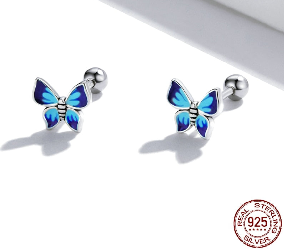 925 Sterling Silver Blue Enamel Piercing Elegant Hypoallergenic Butterfly Earrings