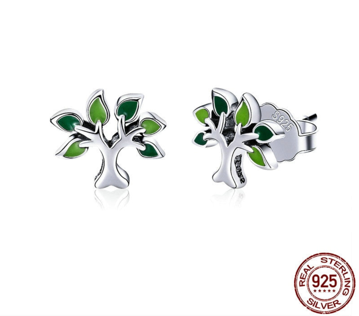 925 Sterling Silver Tree of Life Stud Earrings Tree Leaves Fashion Silver Jewelry