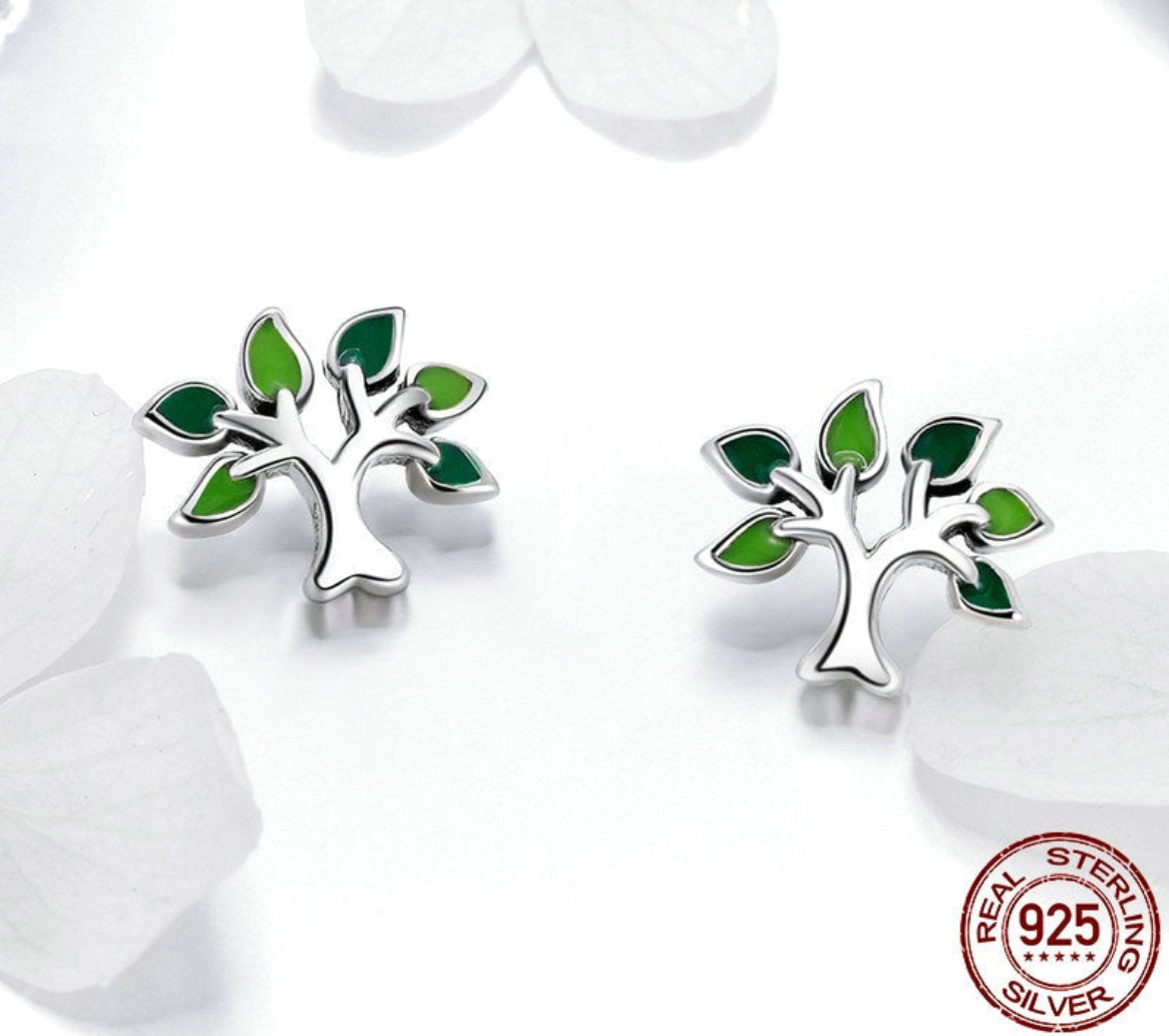 925 Sterling Silver Tree of Life Stud Earrings Tree Leaves Fashion Silver Jewelry