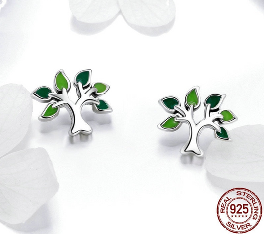 925 Sterling Silver Tree of Life Stud Earrings Tree Leaves Fashion Silver Jewelry