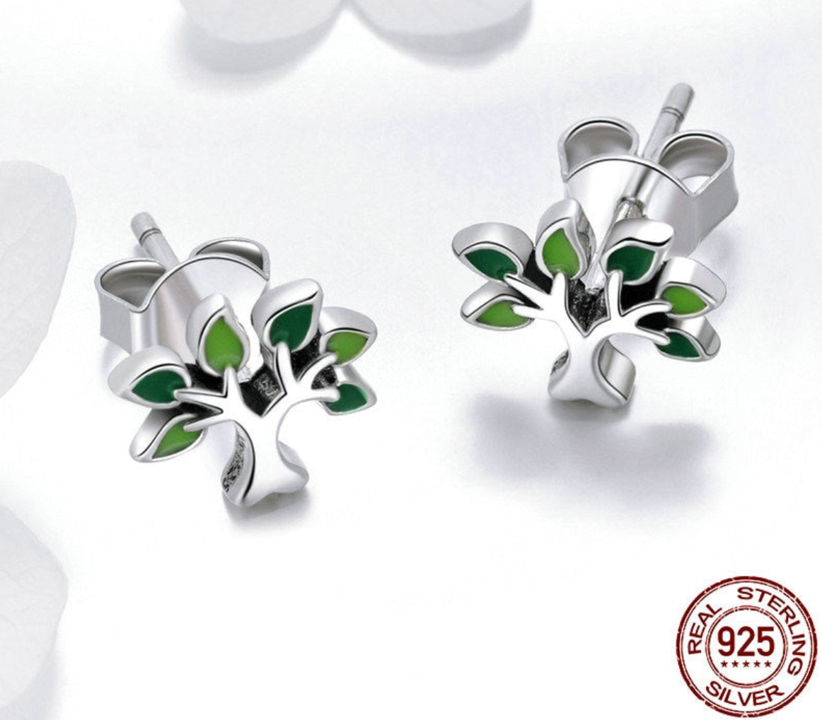 925 Sterling Silver Tree of Life Stud Earrings Tree Leaves Fashion Silver Jewelry