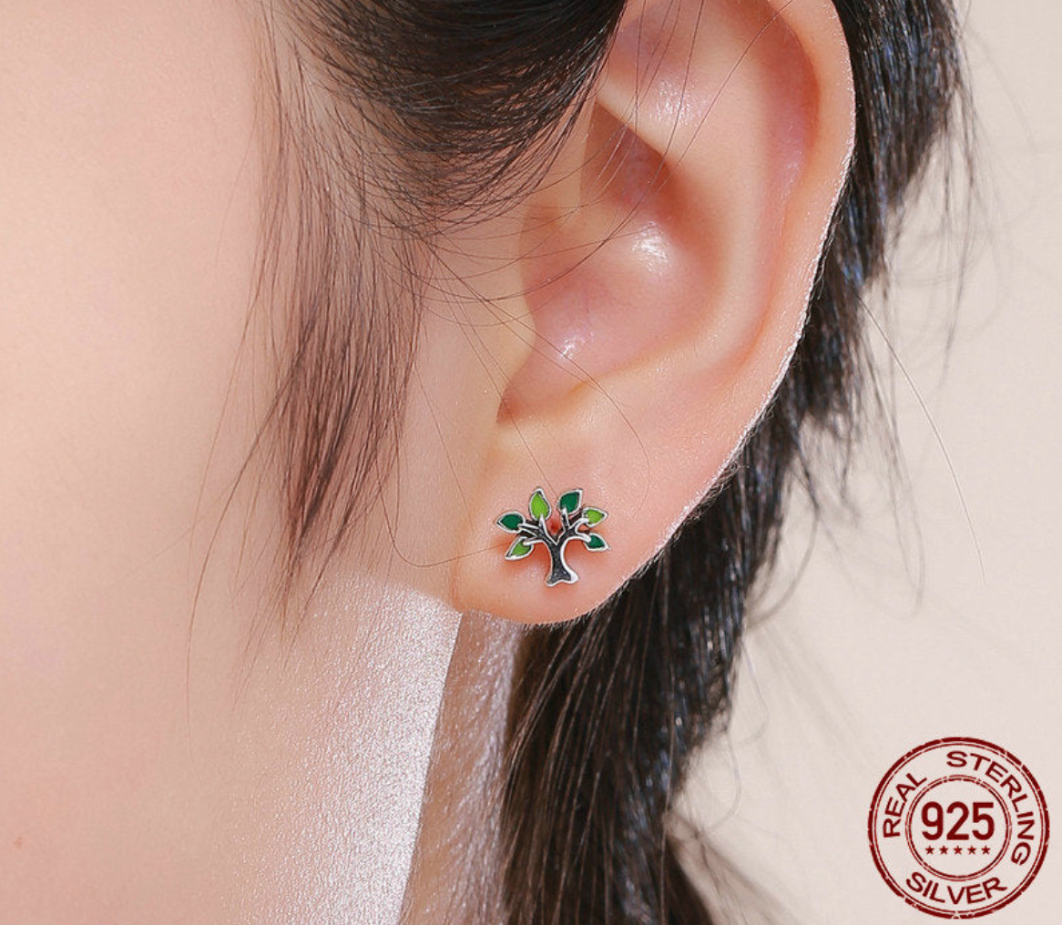 925 Sterling Silver Tree of Life Stud Earrings Tree Leaves Fashion Silver Jewelry